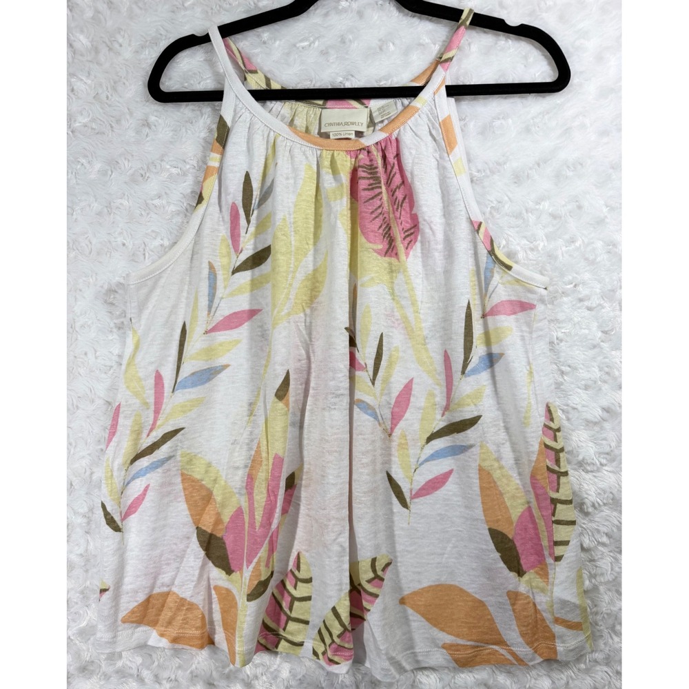 Cynthia Rowley Womens XL Linen Tropical Leaf Print Pink Yellow Halter Tank Top
